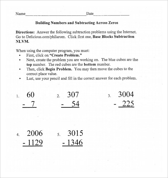 Subtraction With Zeros Worksheet
