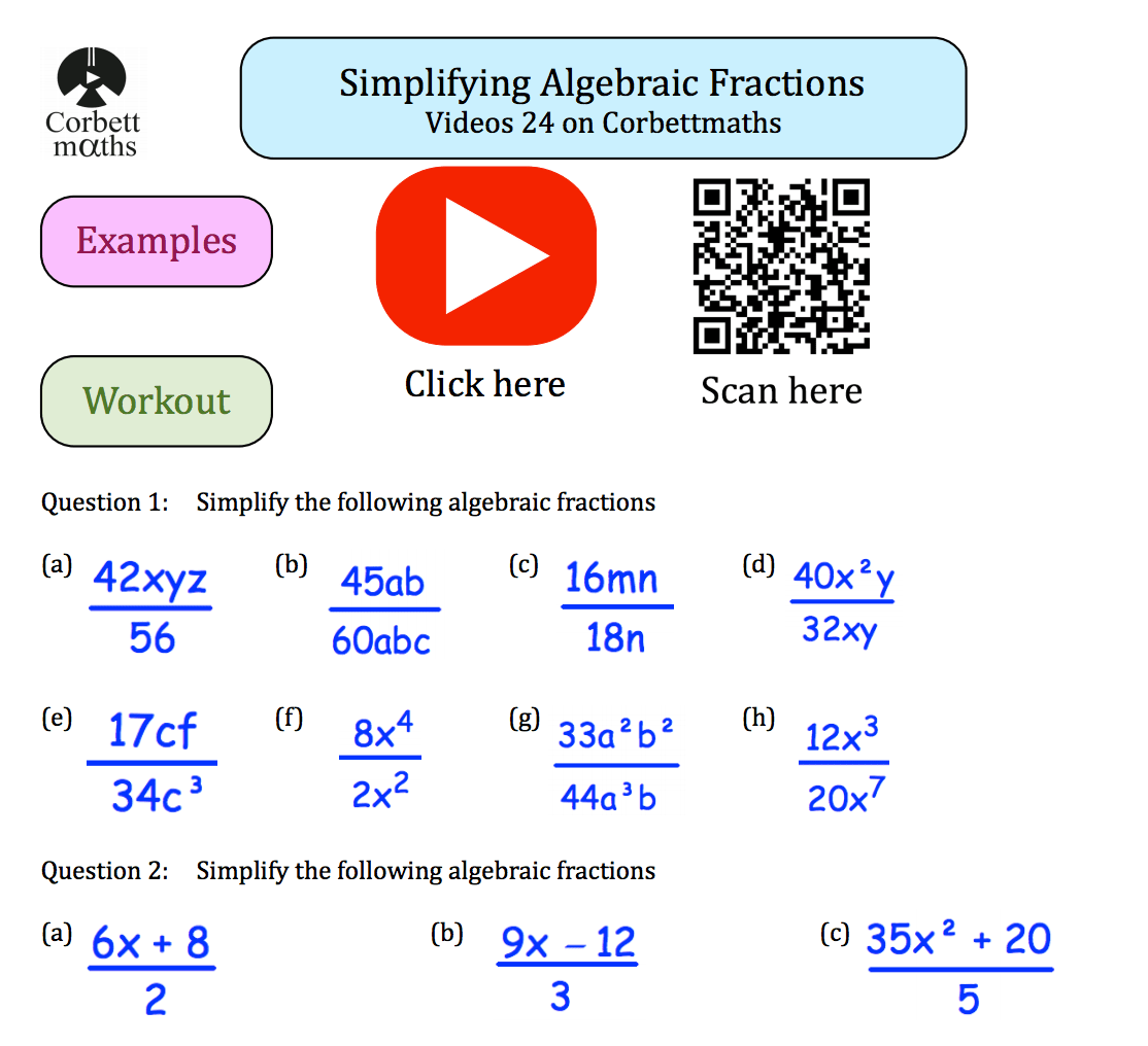 Simplifying Algebraic Expressions Worksheet Corbettmaths Gregory
