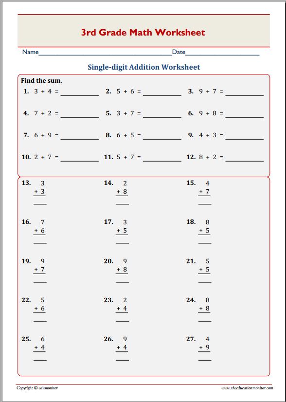 Free Addition And Subtraction Worksheets For 3Rd Grade