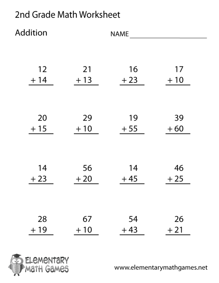 Free Printable Second Grade Addition Worksheets