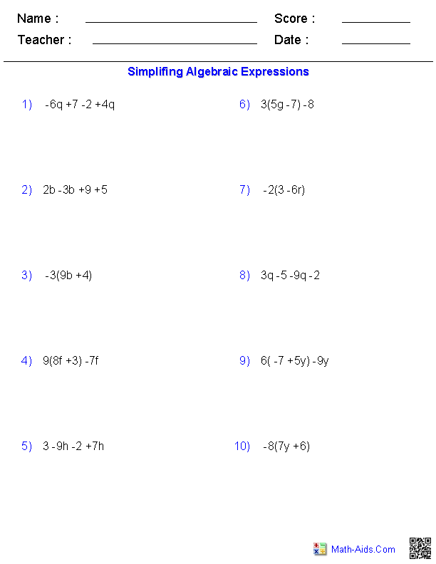 7th Grade Simplifying Algebraic Expressions Worksheets