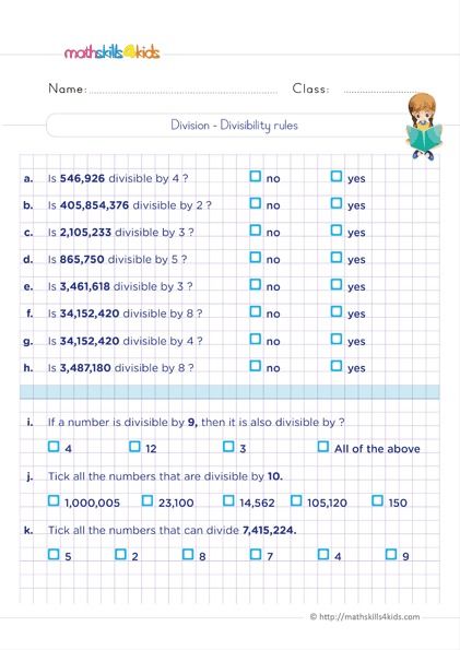 Grade 7 Divisibility Rules Worksheets With Answer Key Pdf
