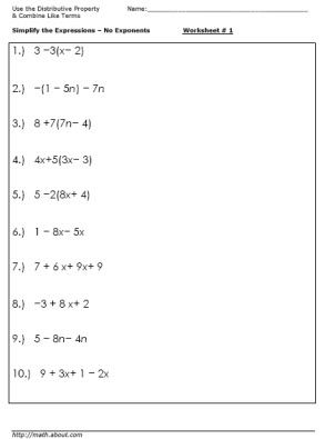 8th Grade Simplifying Algebraic Expressions Worksheets