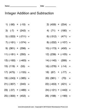 Easy Adding And Subtracting Integers Worksheet