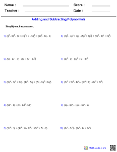 Adding and Subtracting Polynomials Worksheets