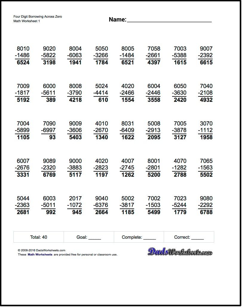 Subtraction Worksheets for Four Digit Borrowing Across Zero Math fact