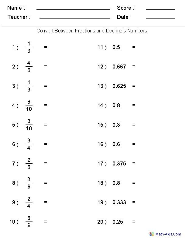 Fraction Decimal Percent Worksheet Grade 7