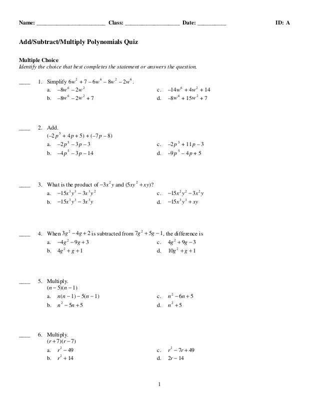 Adding Subtracting Multiplying Polynomials Worksheet Doc