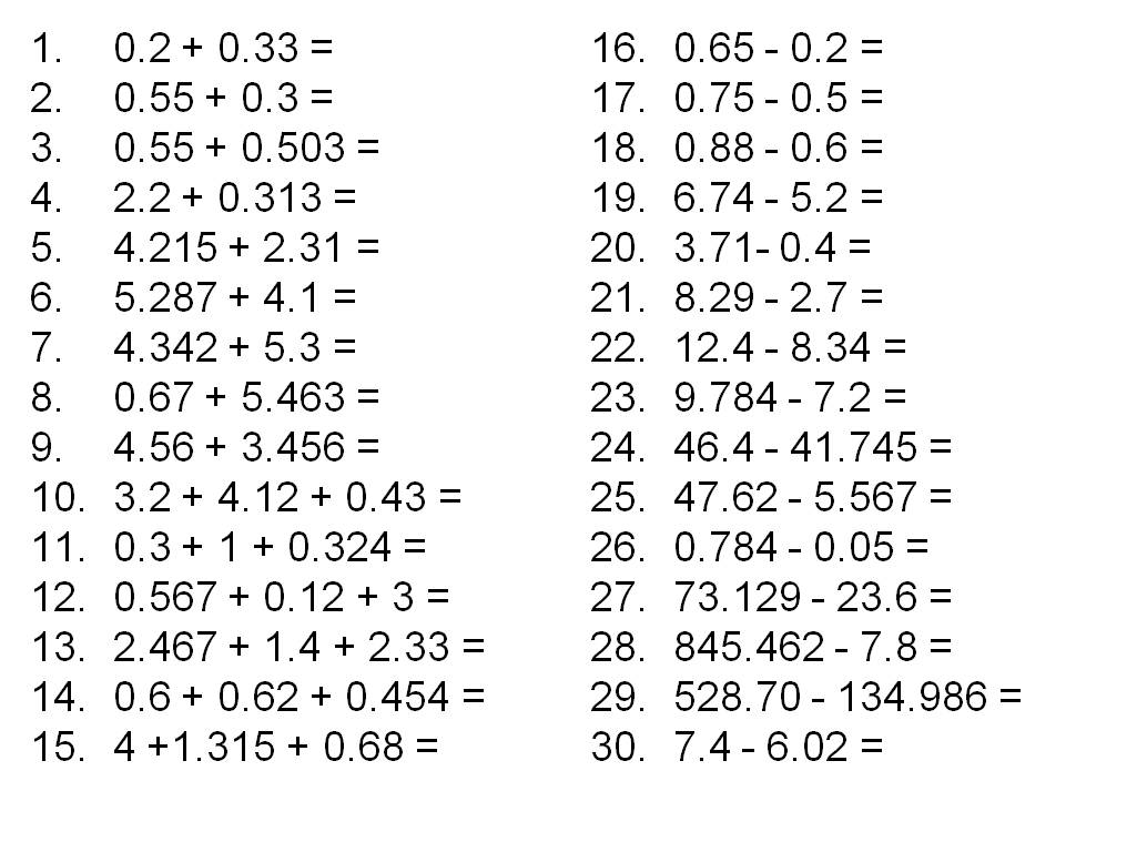 Add And Subtract Decimals Worksheet 6Th Grade
