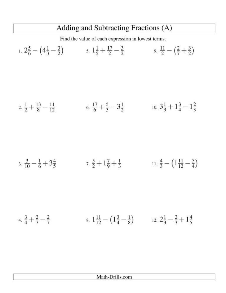 Unlike Fraction Worksheets Adding And Subtracting