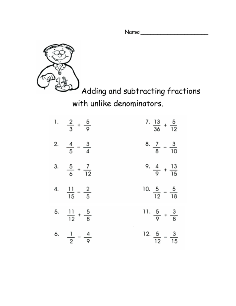 Adding And Subtracting Fractions Exercises With Answers