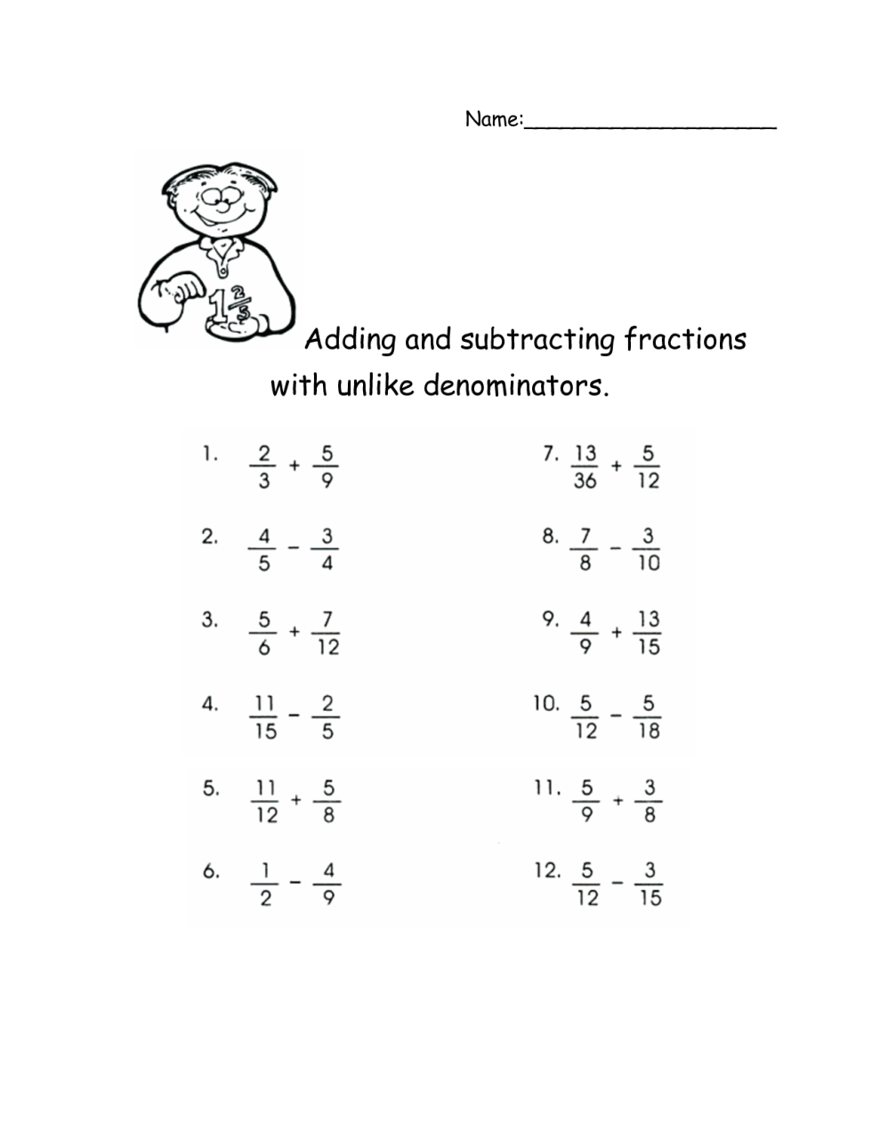 Adding And Subtracting Fractions Exercises With Answers Kidsworksheetfun