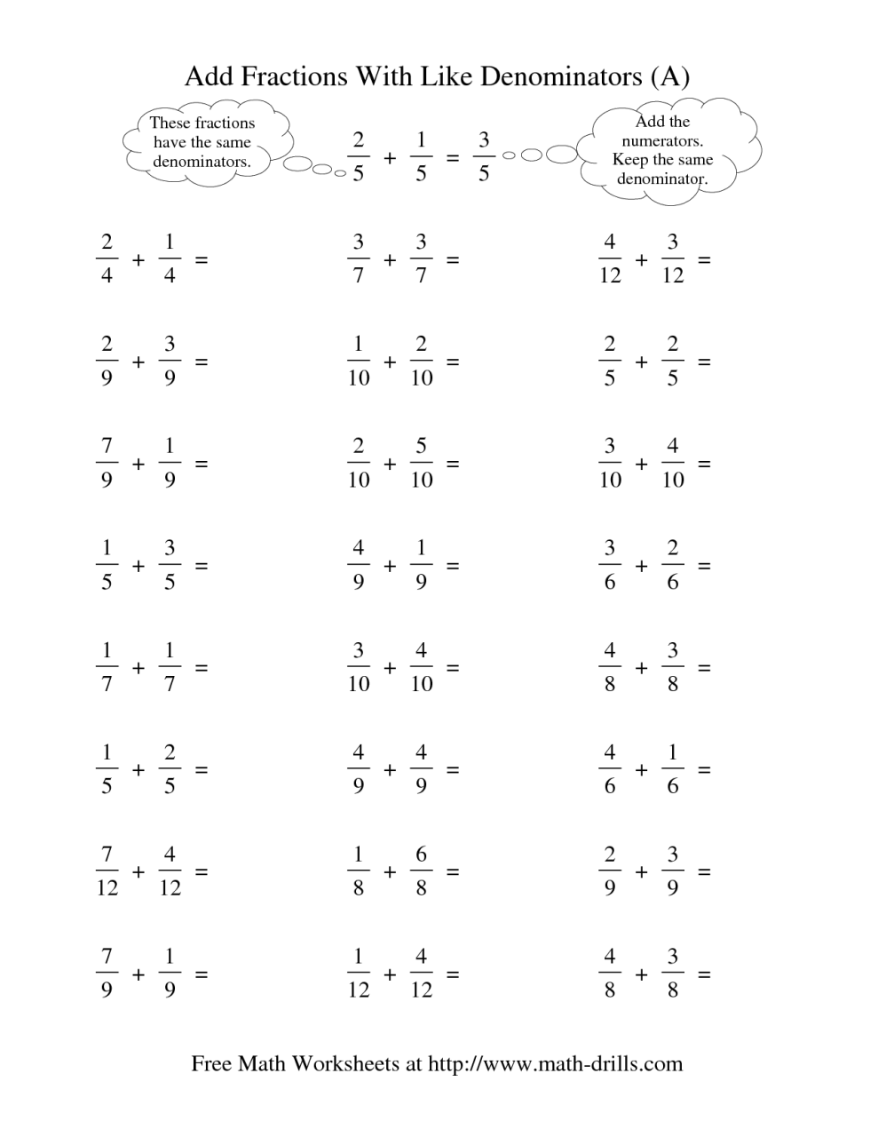 Adding Unlike Fractions Worksheet Grade 6