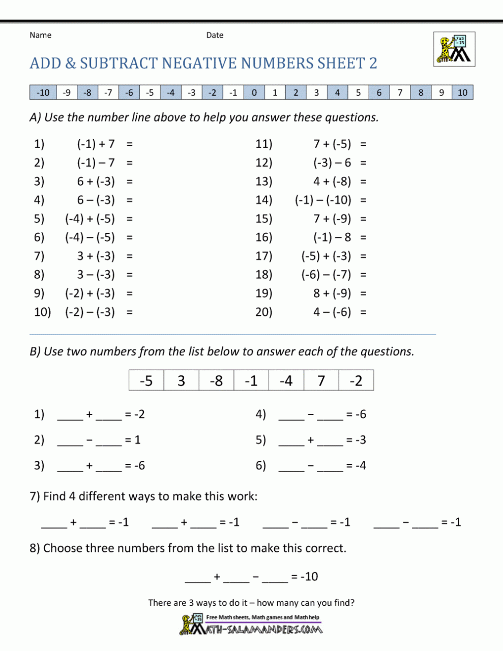 Adding And Subtracting Negative Numbers Worksheet Pdf Worksheets Free