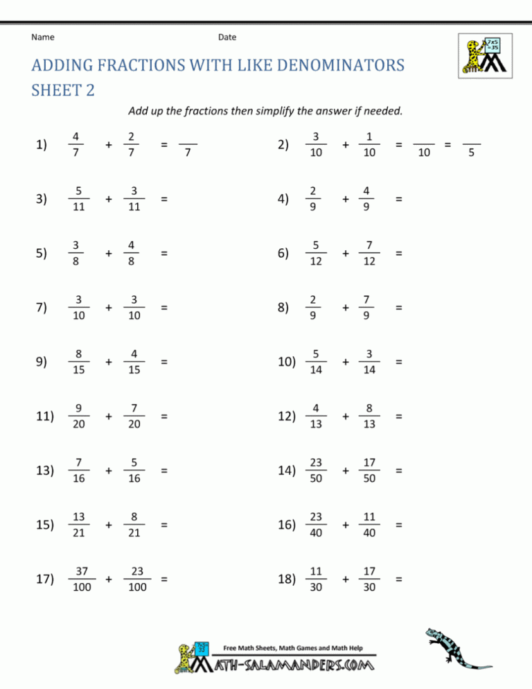 Add And Subtract Fractions With Like Denominators Worksheets Pdf