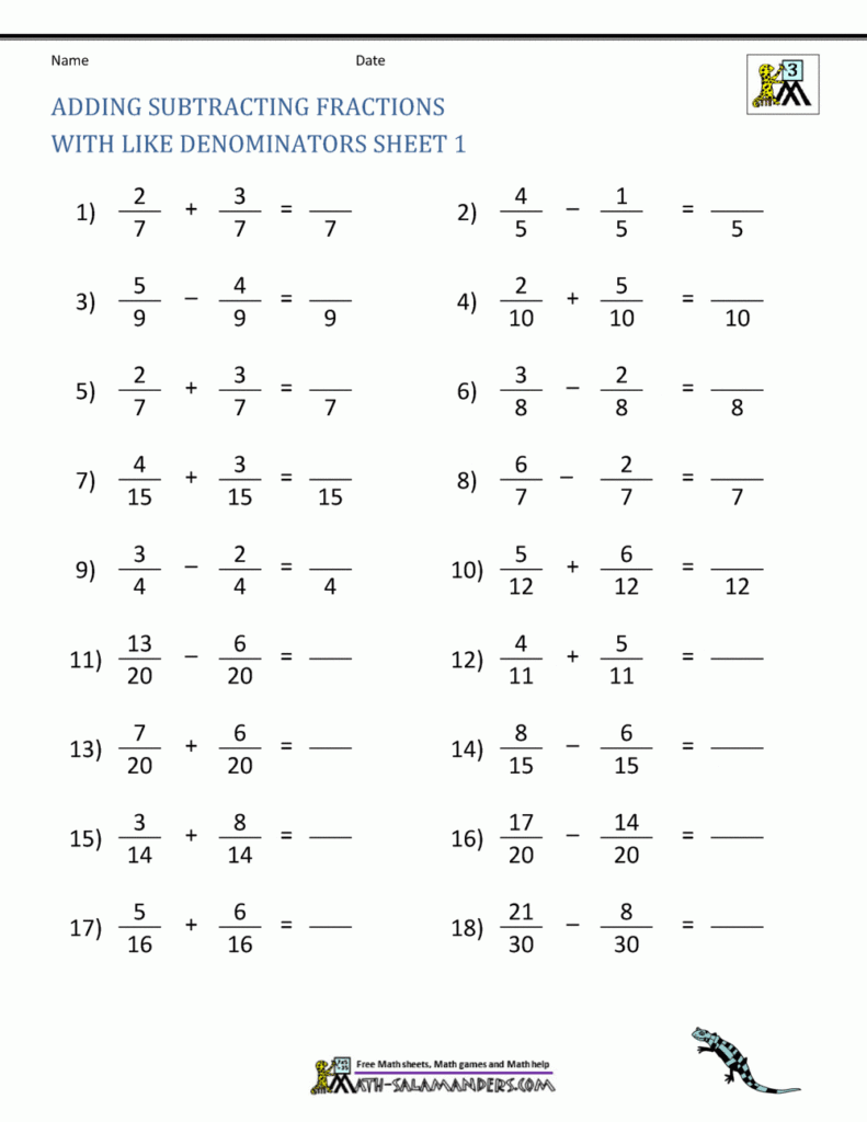 Adding Fractions With Like And Unlike Denominators Worksheets