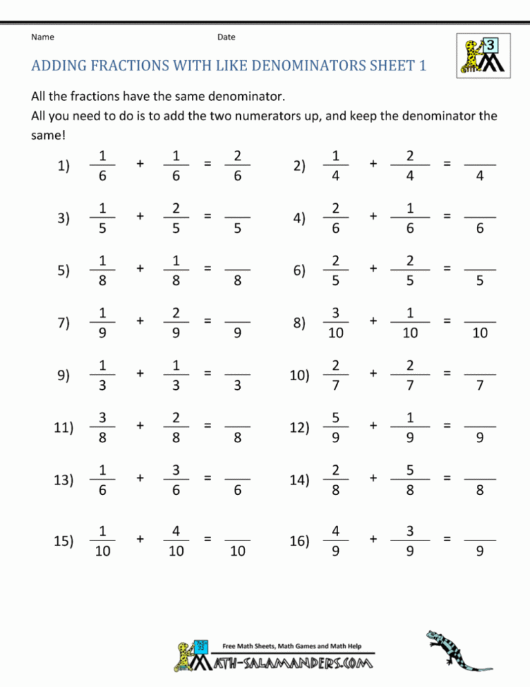 Adding Fractions With Like Denominators Worksheets 6Th Grade