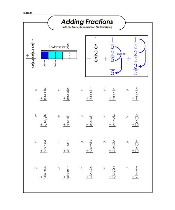 Adding Like Fractions Worksheets Pdf