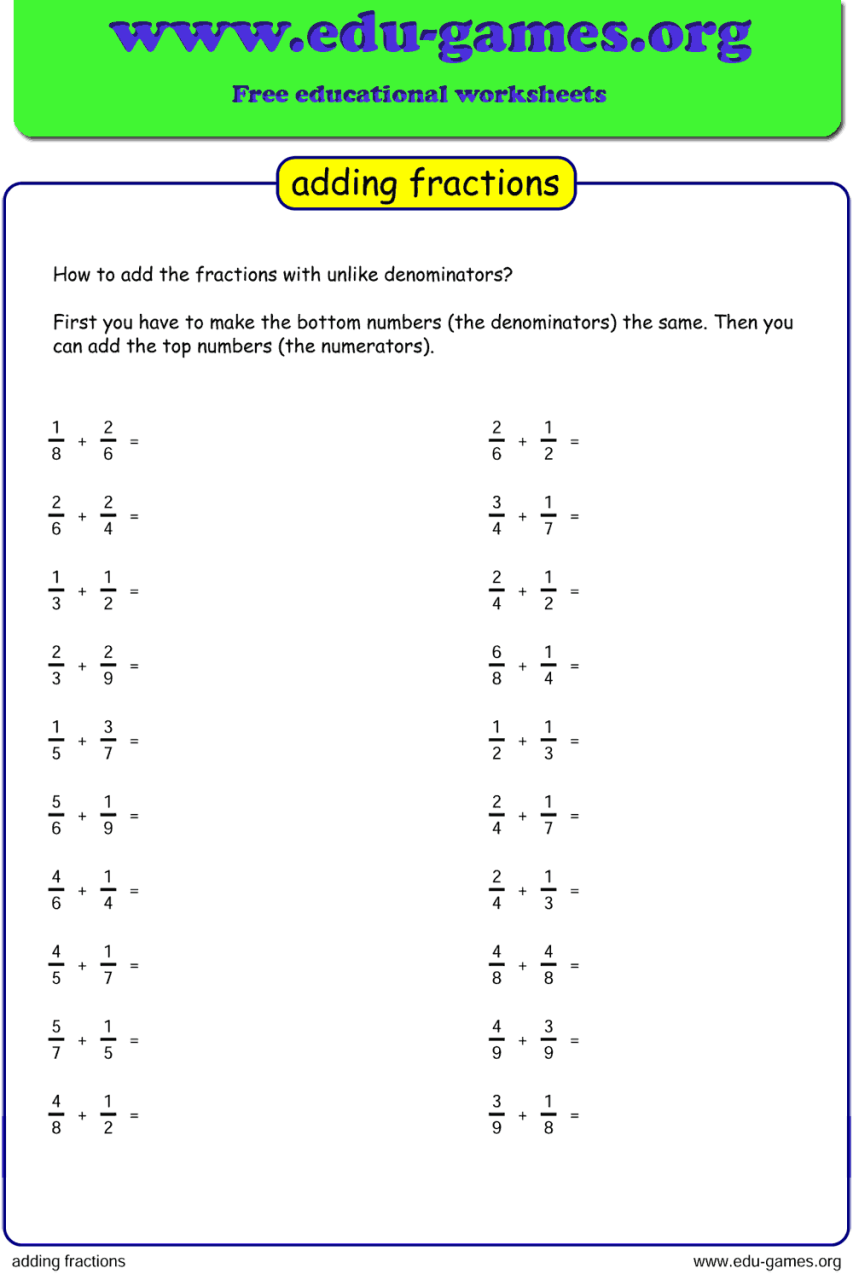 Adding Fractions With Unlike Denominators Worksheets Grade 4