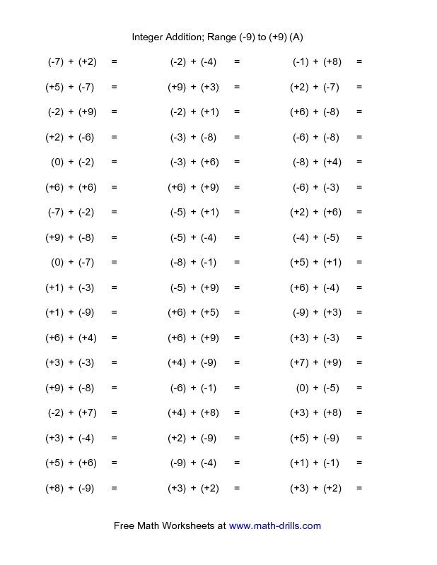 Integers Worksheet Addition And Subtraction
