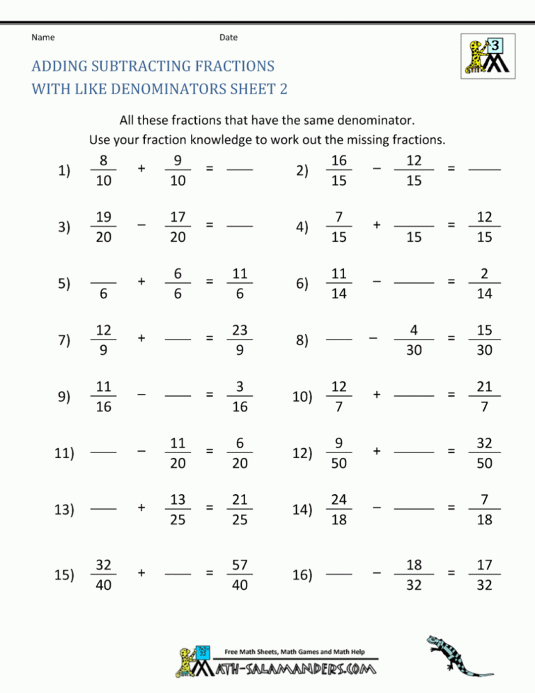Adding And Subtracting Fractions With Like Denominators Worksheets Pdf With Answers