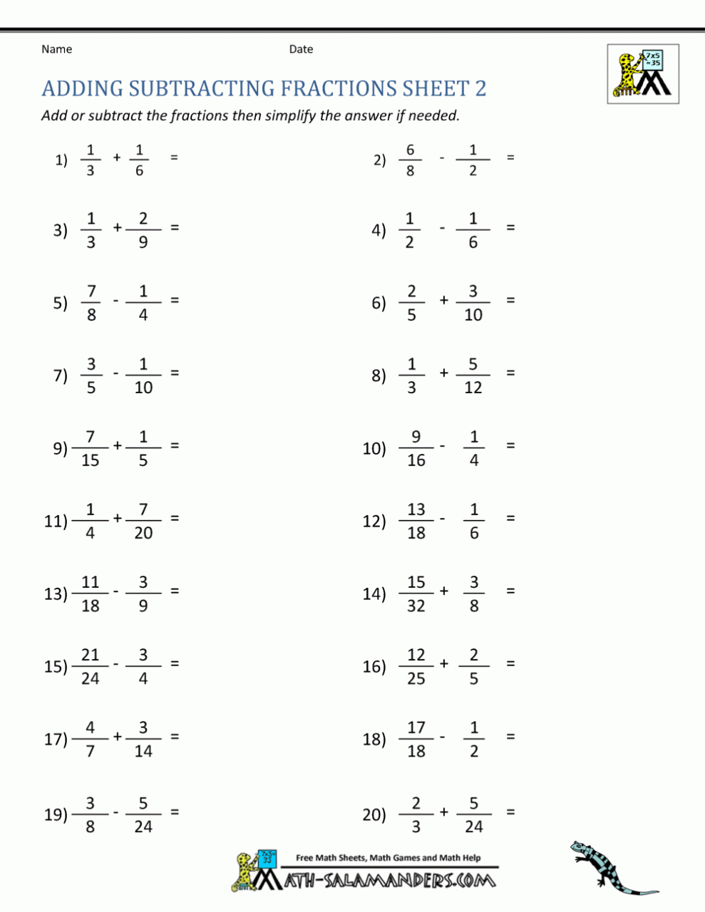 Fractions Addition And Subtraction Worksheet