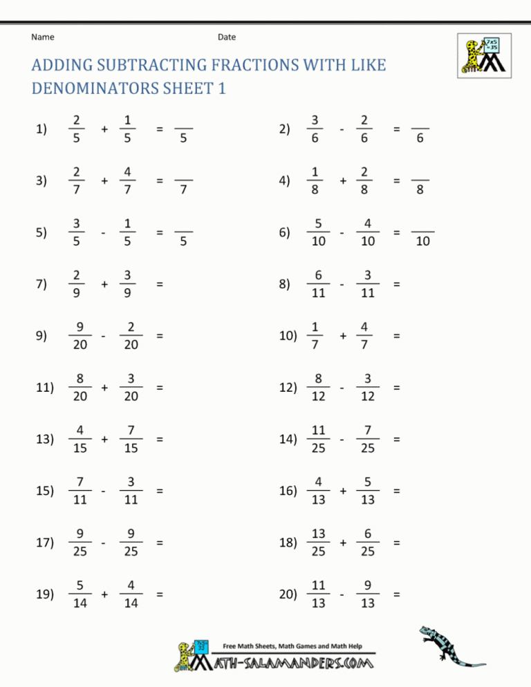 Worksheet On Adding Subtracting Multiplying And Dividing Fractions