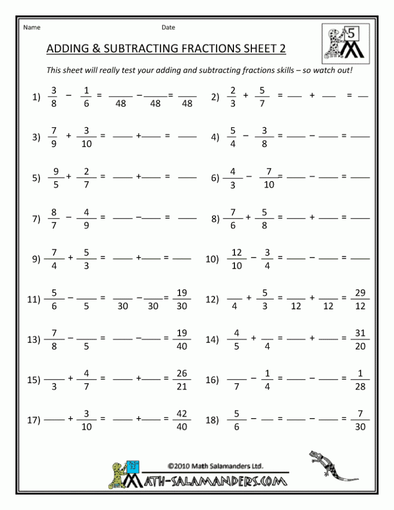 Add And Subtract Fractions Worksheet Pdf