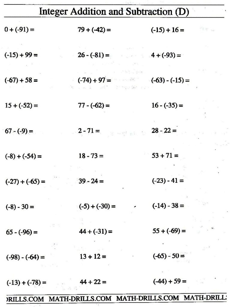 Adding And Subtracting Integers Worksheet 7Th Grade Pdf