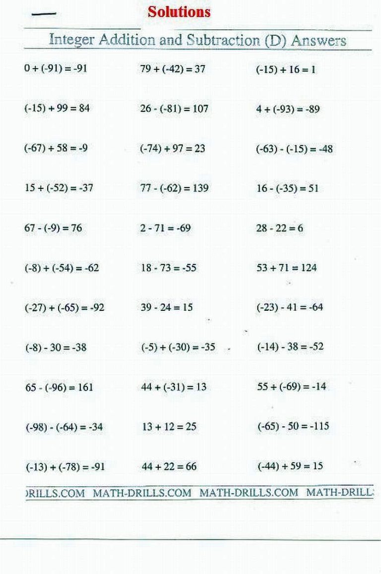 Adding And Subtracting Integers Worksheets With Answers Free