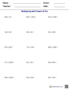 Multiplying with Powers of Ten Worksheets Math Worksheets (Gr. 5