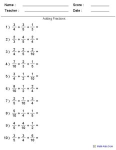 Adding And Subtracting Fractions With Unlike Denominators Worksheets
