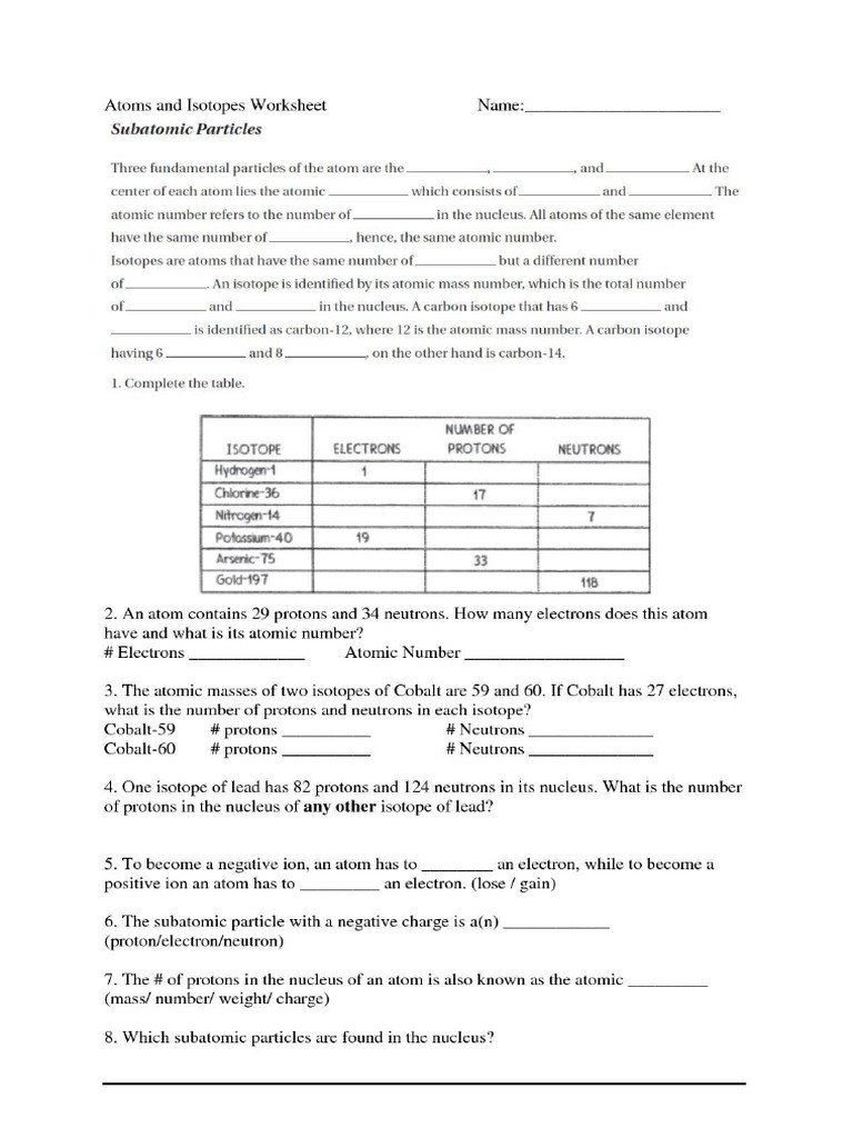 Atoms And Isotopes Worksheet Answer Key