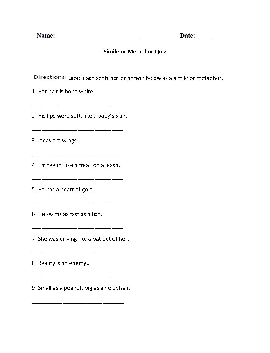 5th Grade Simile And Metaphor Worksheet Pdf