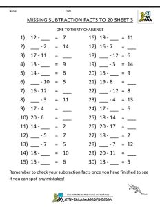 subtraction facts worksheet missing subtraction facts to 20 3 Math