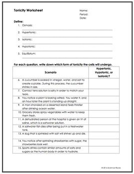 Tonicity And Osmosis Worksheet Biology Answers