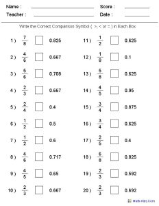 Comparing Fractions & Decimals Worksheets Printables Fractions
