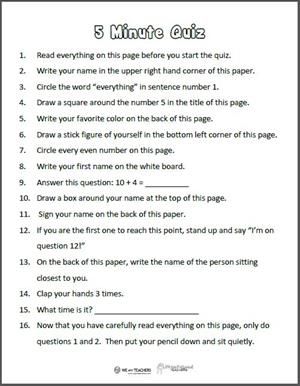 Directions Quiz Following Directions Worksheet Funny