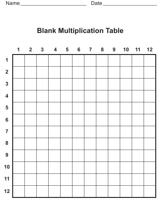 Blank Multiplication Chart 12X12
