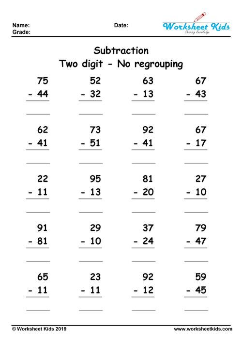 2Nd Grade Subtraction Worksheets Without Regrouping