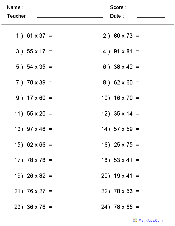 Multiplication 5th Grade Math Worksheets