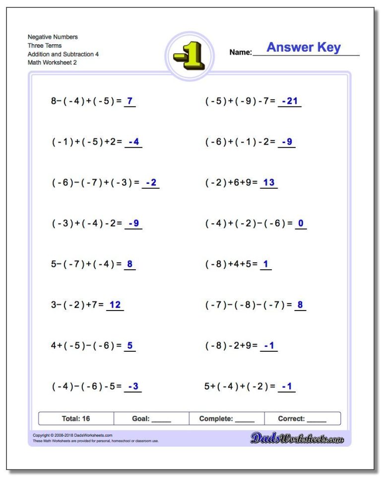 Adding And Subtracting Negative Numbers Worksheet Answer Key