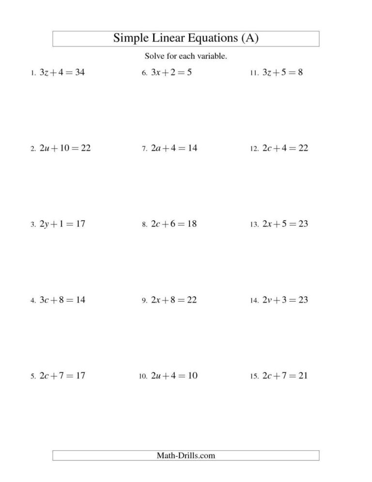 Grade 6 Linear Equations Worksheet
