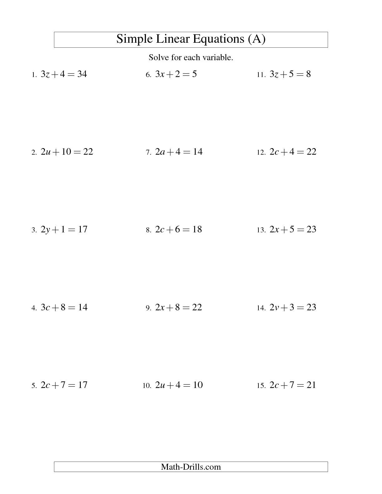 The Solving Linear Equations Form ax + b = c (A) math worksheet from
