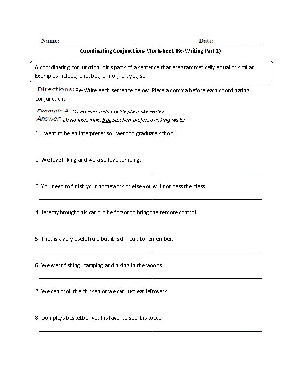 Coordinating And Subordinating Conjunctions Worksheet 7th Grade