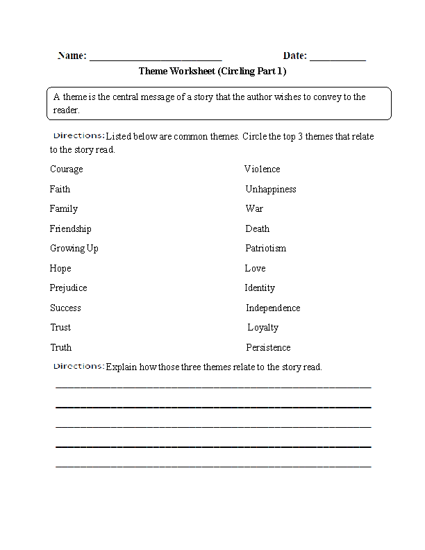 Printable Theme Worksheets 4th Grade