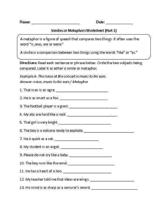 6th Grade Similes Worksheet