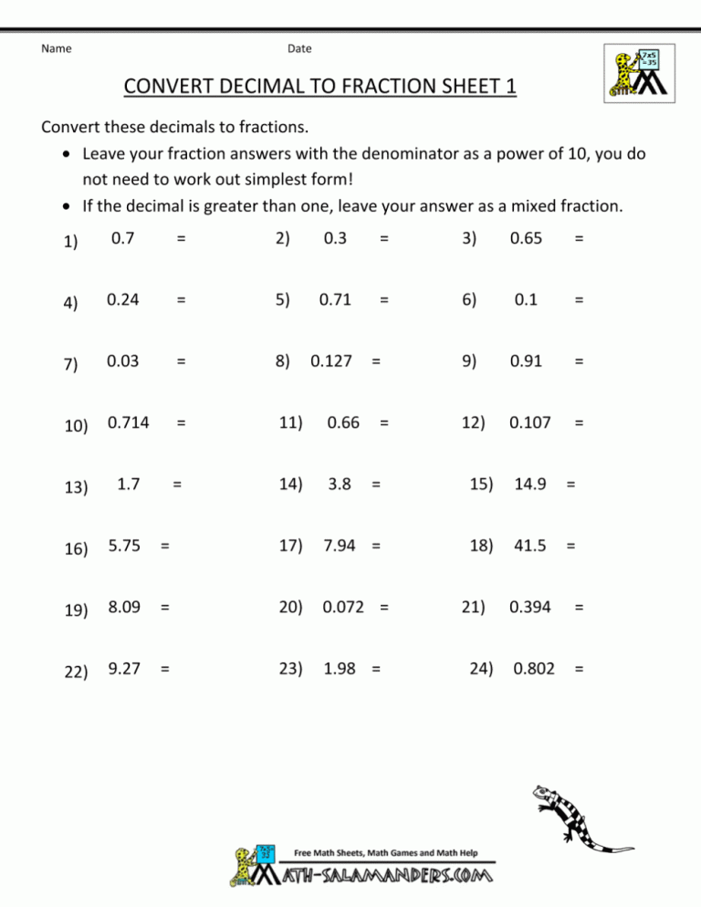 Fractions And Decimals Worksheets Grade 9