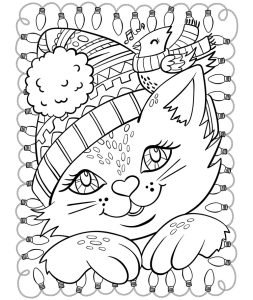 Christmas Cat and Cardinal Coloring Page