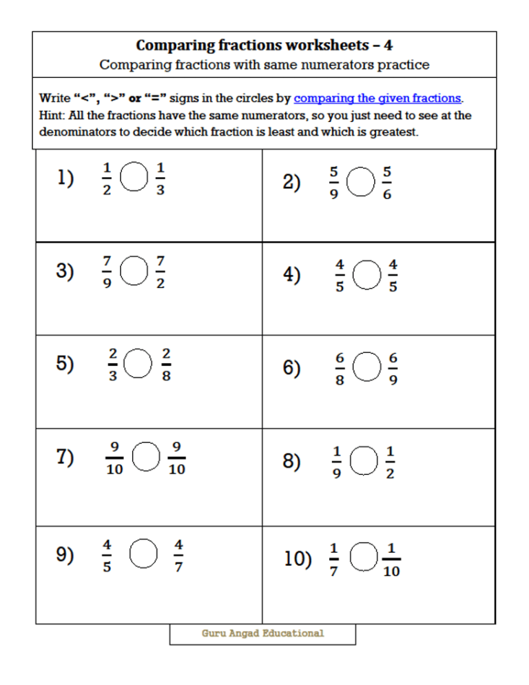 Comparing Fractions Worksheet 4Th Grade Common Core